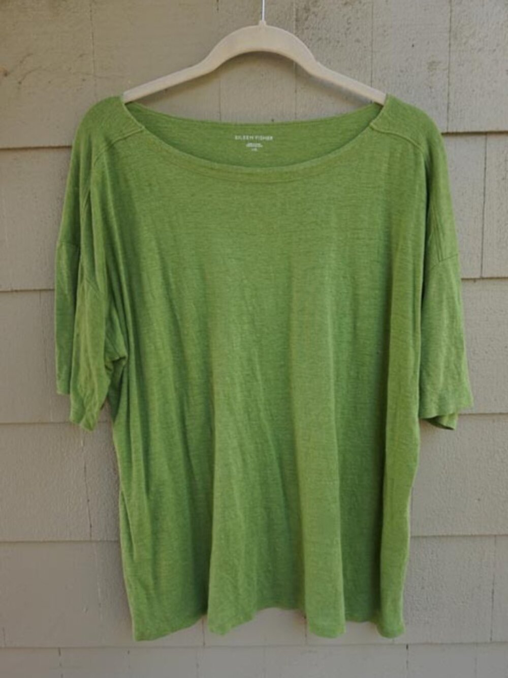 Eileen Fisher 100% Organic Linen Chartreuse Short Sleeved Top GUC Size L